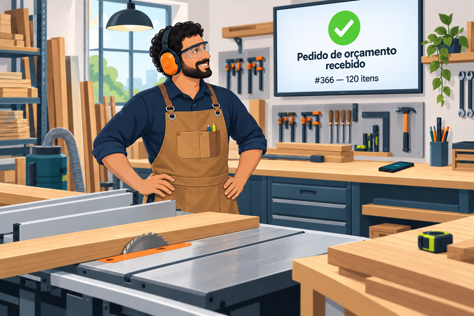 O mesmo marceneiro vê na tela da oficina um pedido de orçamento com 120 itens