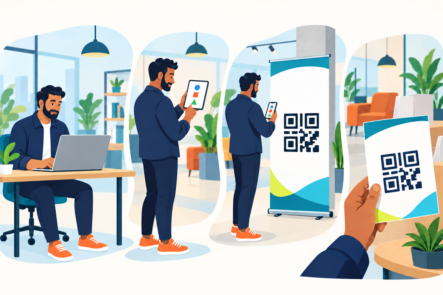 Cliente acessando o catálogo pelo laptop, tablet, celular, QR Code em banner roll-up e flyer