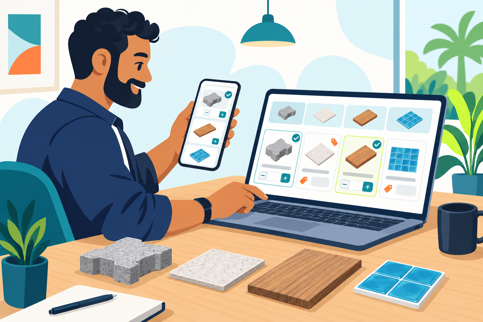 Cliente comparando materiais organizados e escolhendo quantidades pelo laptop e celular