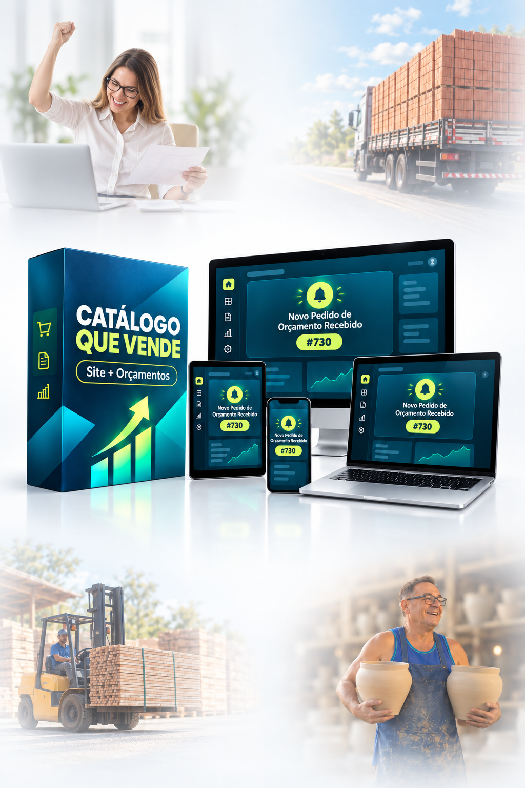 Caixa 3D do Catálogo Q Vende — Catálogo de Materiais ao lado de laptop, tablet e celular exibindo o novo pedido de orçamento número 730
