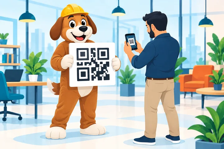 Pessoa fantasiada de cachorro divulgando um QR Code em um evento
