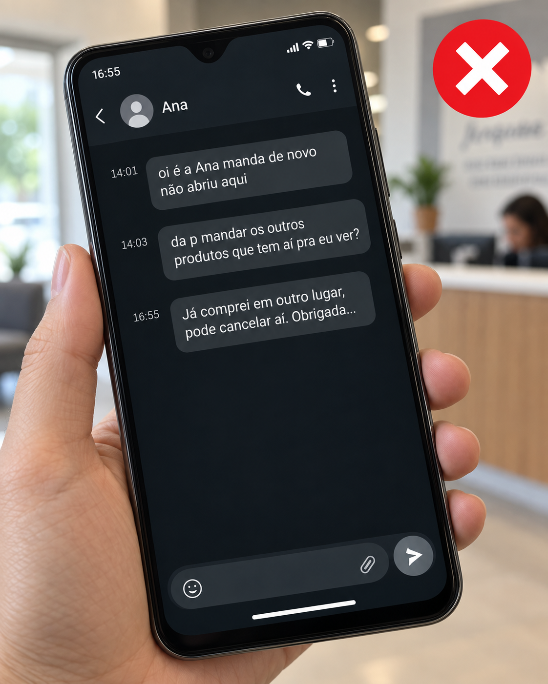 Conversa em que Ana desiste da compra por não conseguir acessar e comparar os produtos